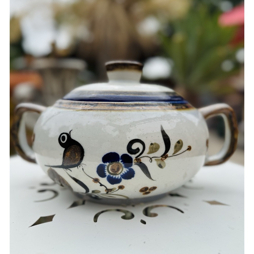 Noe Suro Signed Tonala Huge Soup Pot Bird Floral Hand Painted Mexico Folk Art